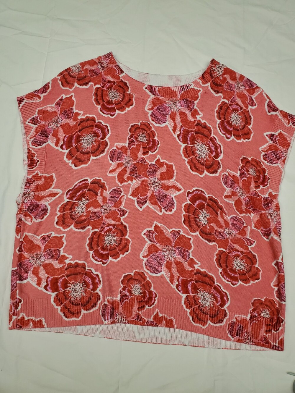 LOFT Floral Sweater Vest Womens XL Coral Pink Red Cotton Knit Boxy Sleeveless